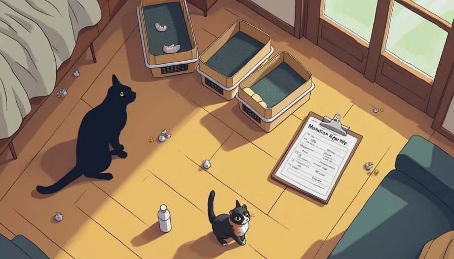 Overhead view of a multi-cat foster setup with carriers, medication, and two resident cats in a Portland apartment.