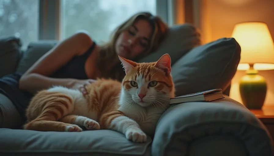 One-eyed orange tabby cat named Miso resting against his person on a couch after being rescued from the rain.