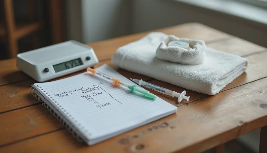 The tools that actually get used Essential low-cost foster supplies including scale, syringes, and daily log notebook.