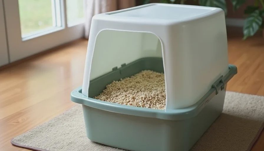 A properly sized open litter box with fresh unscented litter ready for use.
