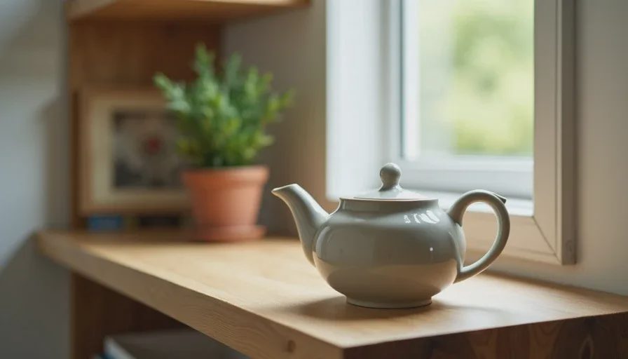The teapot in its place on the living-room shelf.