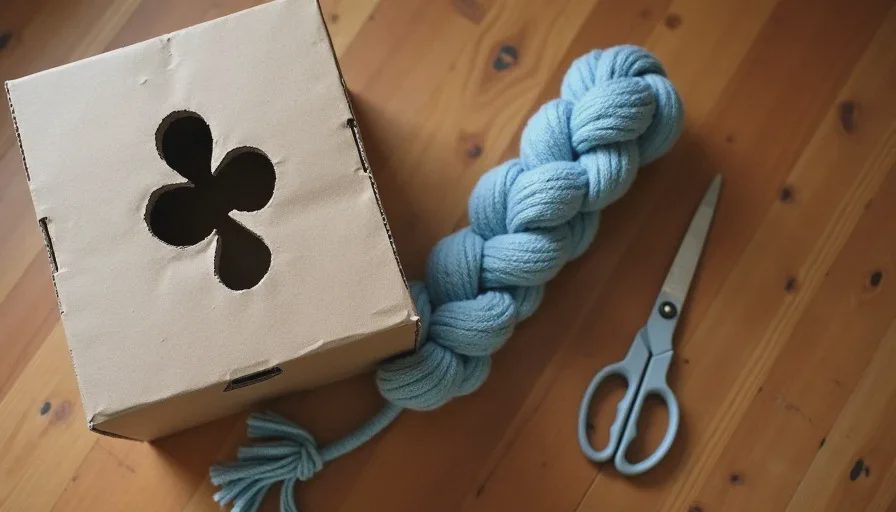 Two finished toys ready for testing Handmade braided fabric kicker and a peek-hole foraging box made from cardboard and an old T-shirt.