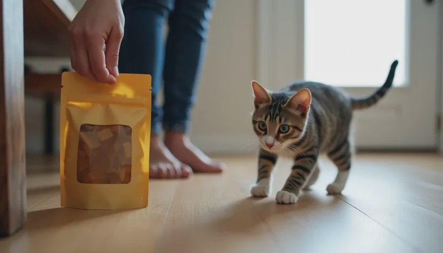 A cat choosing to approach when a valued reward is clearly offered.