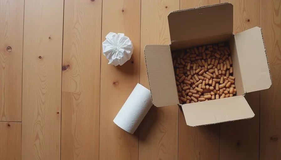 The recycling bin starter kit Basic free enrichment items — open cardboard box, toilet-paper rolls, and paper ball ready for use.