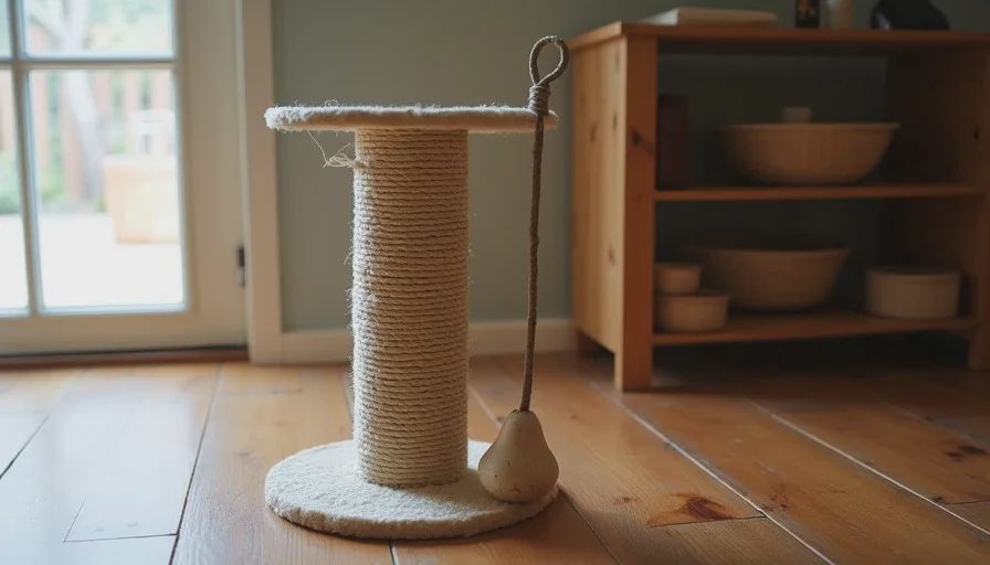 A stable scratching post and a basic wand toy, two items that continue to earn their space.