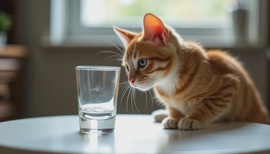 Miso assessing a human water glass, a long-standing household preference.