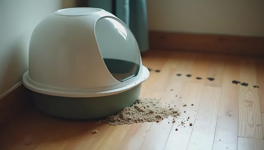 Litter tracked out of a self-cleaning litter box after enthusiastic digging by a cat.