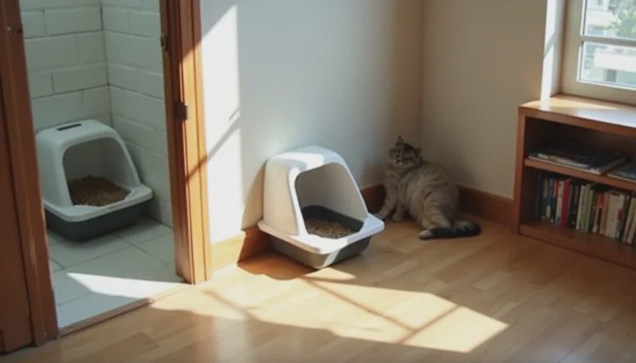 Two of four litter boxes placed in separate locations in a multi-cat apartment to reduce competition.