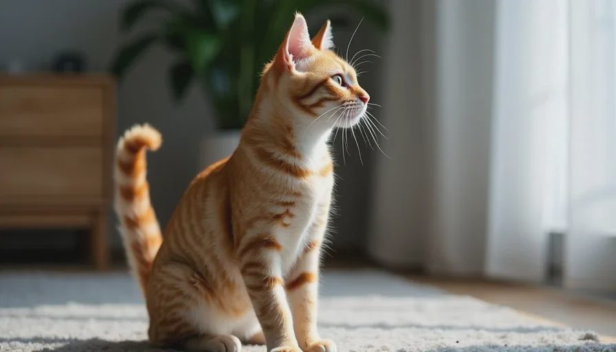 A cat with an upright tail and forward ears, signaling confidence and openness to interaction.