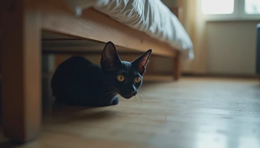 Nori the black Devon Rex beginning to emerge from under the bed after weeks of hiding.