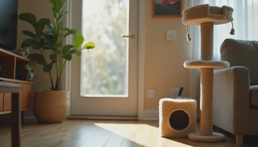 Vertical space and a separate hide creating options for both an energetic and a shy cat.