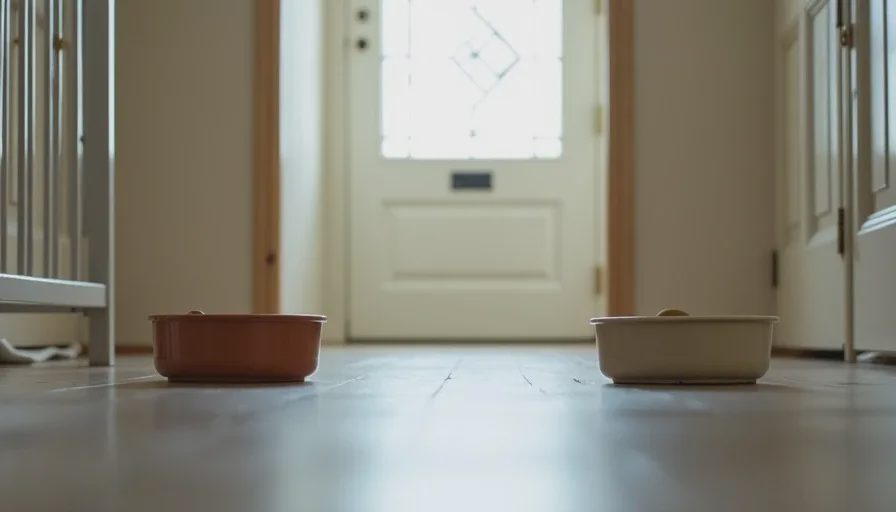 Feeding on opposite sides of the door Food bowls set on opposite sides of a door during the early scent-and-feeding stage of a cat introduction.