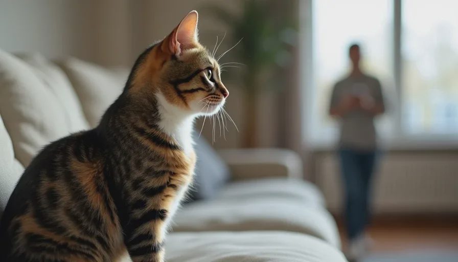 A cat acknowledging a person with a calm look but remaining seated.