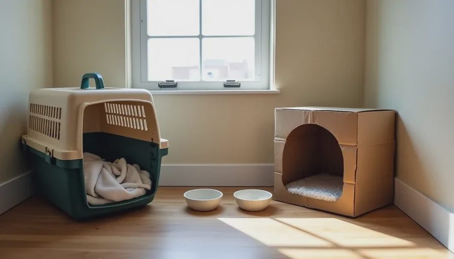 The room before the first intake arrives A ready foster space with carrier, litter, food bowls, and a hiding spot.