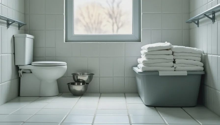 A bathroom prepared as a temporary isolation room for a medical foster.