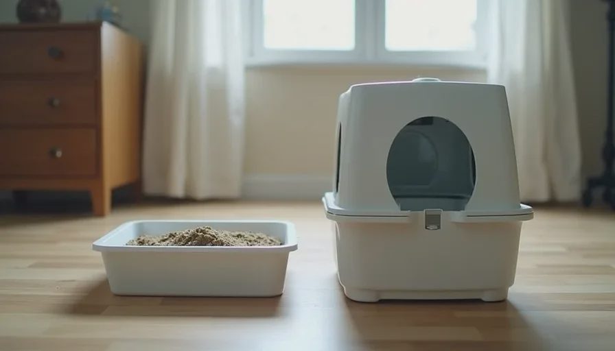 A basic open litter box beside the expensive self-cleaning model that failed in a multi-cat home.