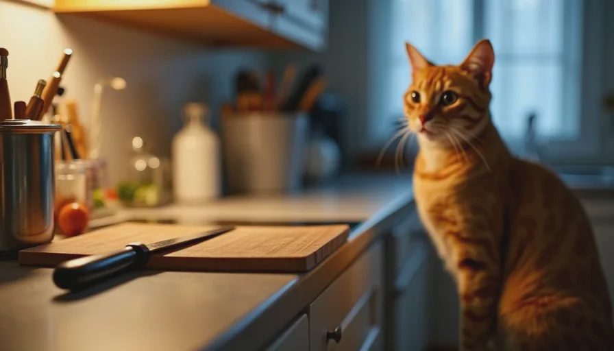 Miso supervising dinner prep from his preferred end of the counter.