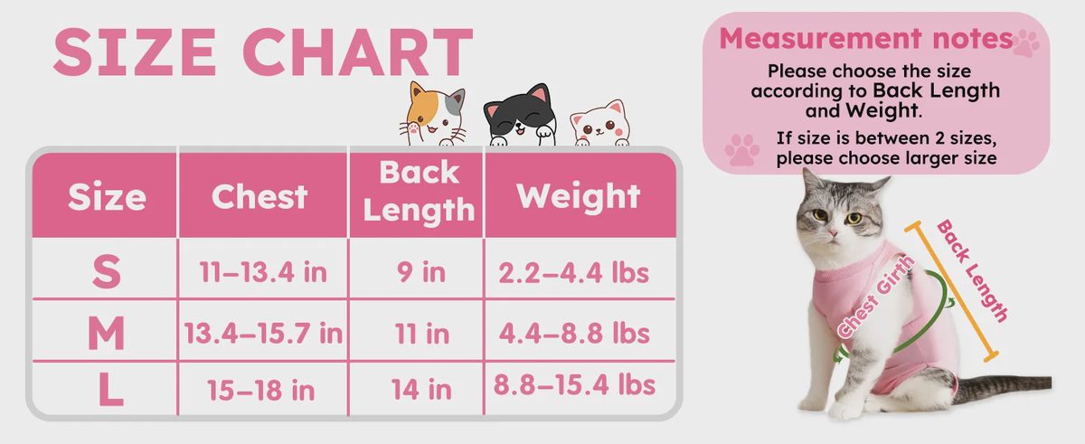 Size table for Hpetppy Cat Recovery Suit